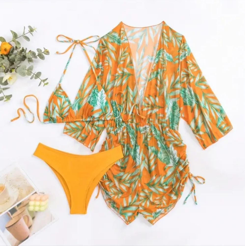 Swimsuit | Tropical Leaf Print Bikini Set with Cover-Up